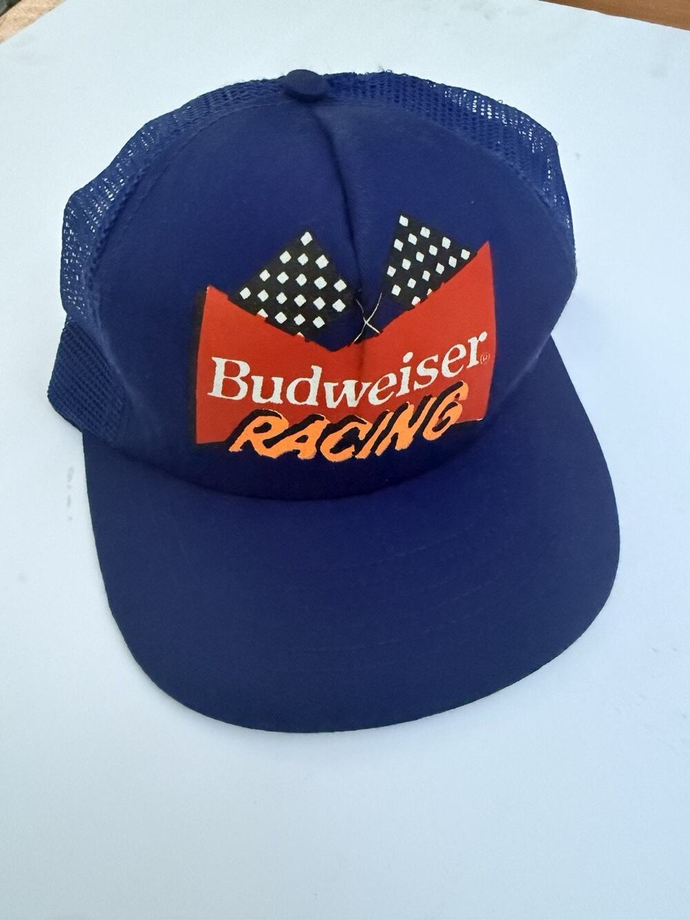 Vintage Budweiser Racing Cap Dad Hat Snapback Made In USA Stylemaster Blue Mesh